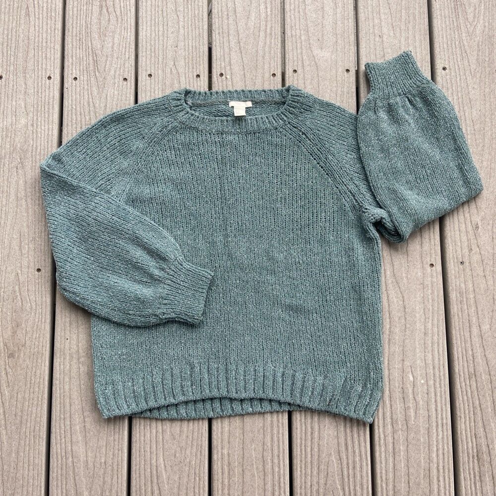 H&M Womens M Teal Chenille Metallic Sparkle Sweater Balloon Sleeve Crewneck